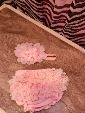 Pink Lace Ruffle Baby Bloomers & Headband Set